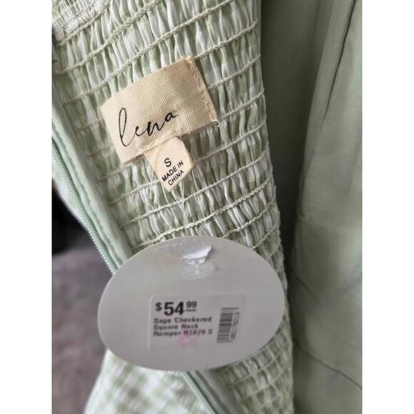 Lena Green Gingham Puff Sleeve Romper Square Neck One Piece Outfit NWT L - Picture 6 of 8